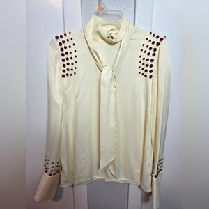 Zara Cream Satin Bow Neck Blouse with Red Rhinestone Studded Shoulders & Cuffs